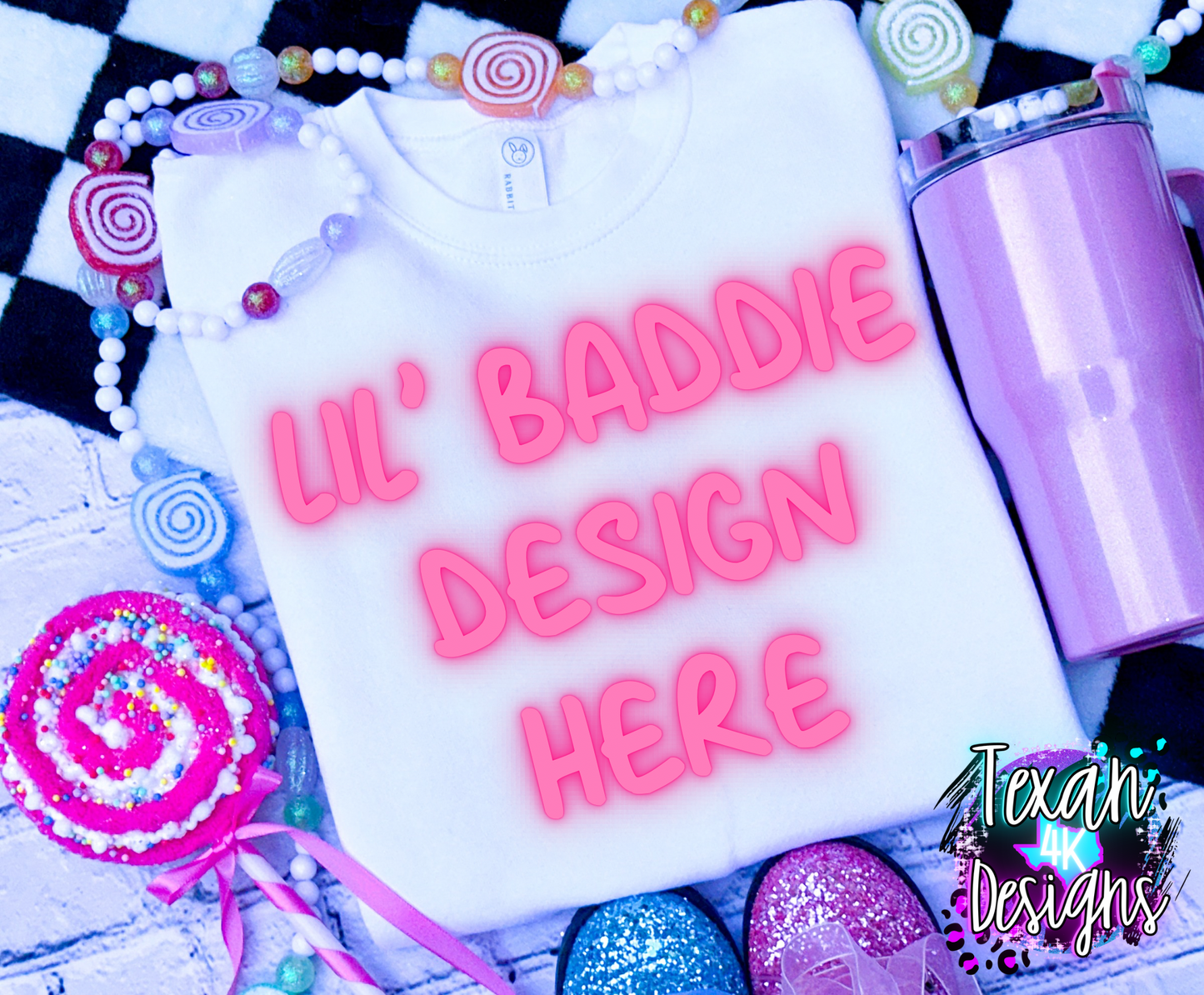 white crewneck sweatshirt, toddler girl, checkered, edgy, spooky, flatlay mock up - candy