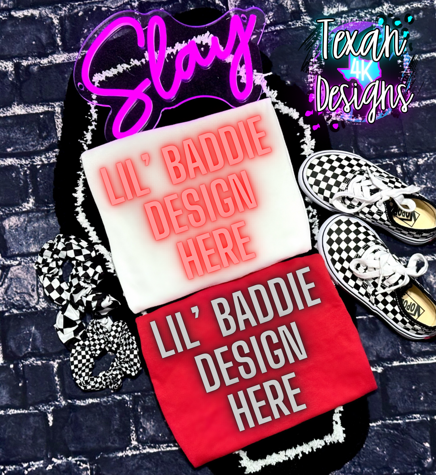 gildan white red shirt, toddler girl, checkered, edgy, spooky, flatlay mock up