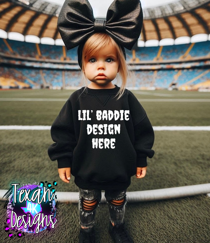 IRL black sweatshirt toddler girl, edgy, model mock up - football edition