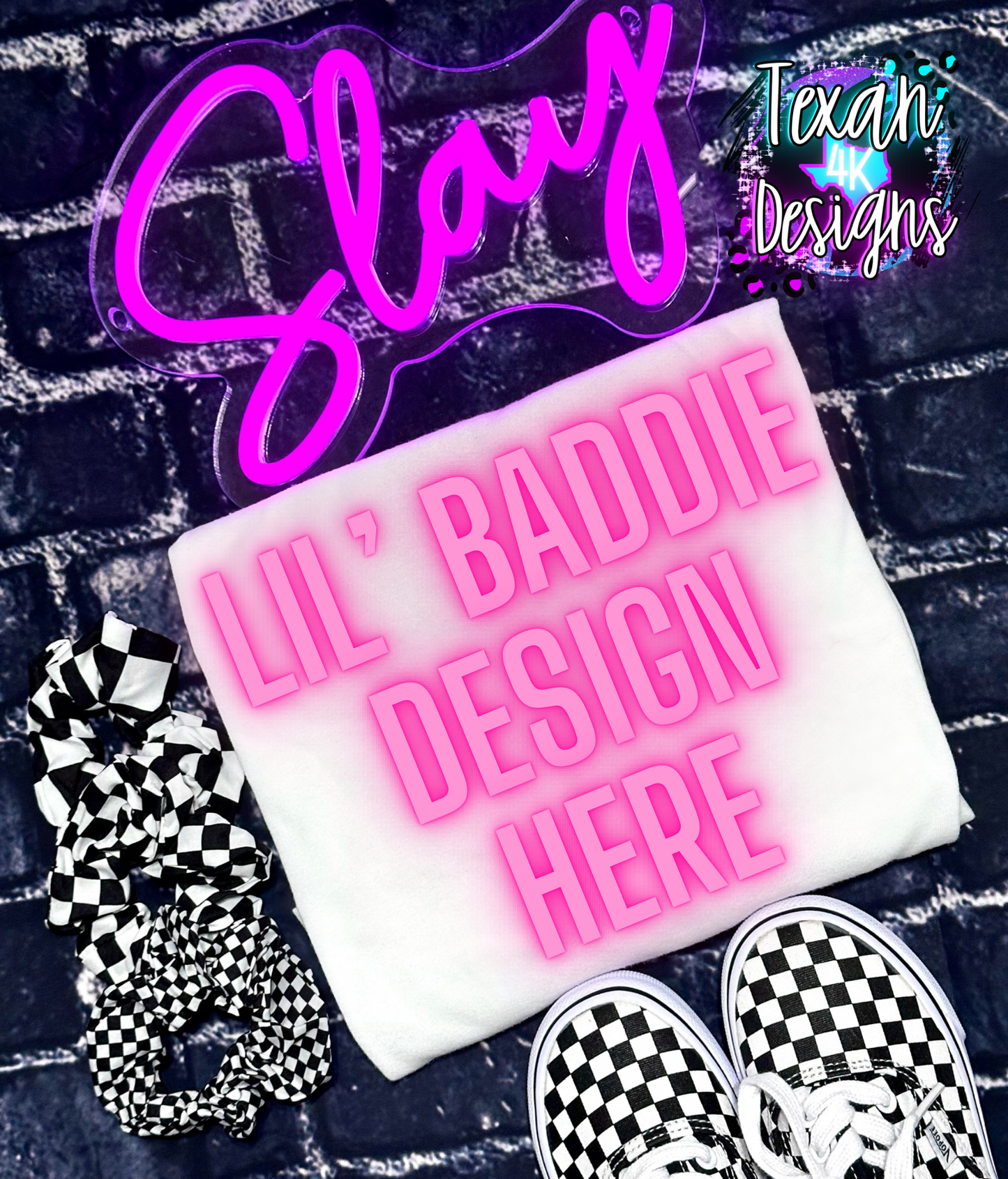 gildan white shirt, toddler girl, checkered, edgy, spooky, flatlay mock up