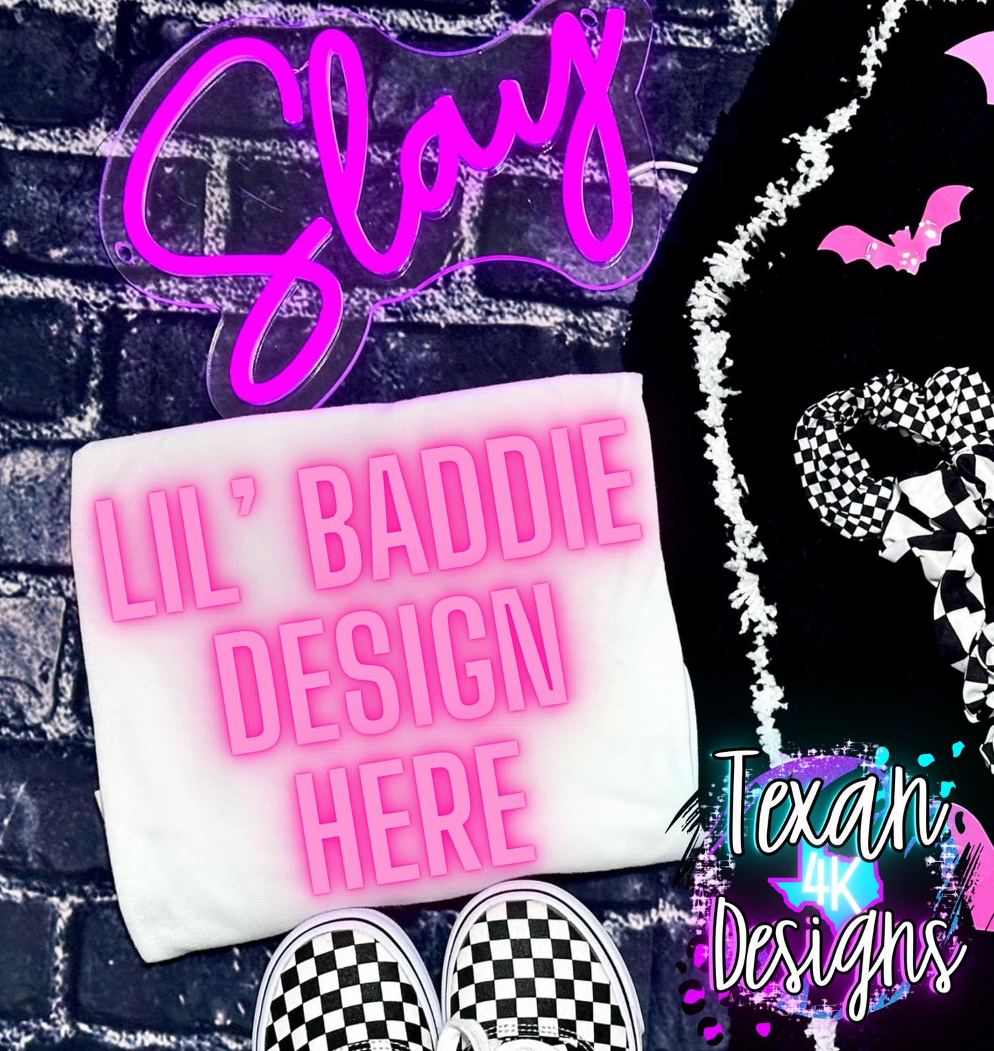 gildan white shirt, toddler girl, checkered, edgy, spooky, flatlay mock up
