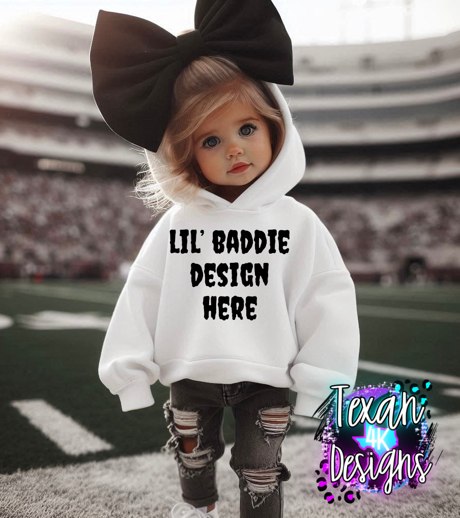 IRL white hoodie toddler girl, edgy, model mock up - football edition
