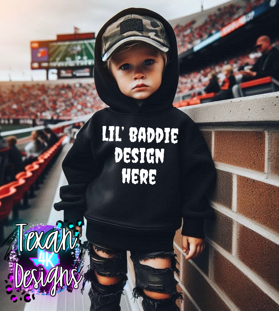IRL black hoodie toddler boy, edgy, model mock up - football edition