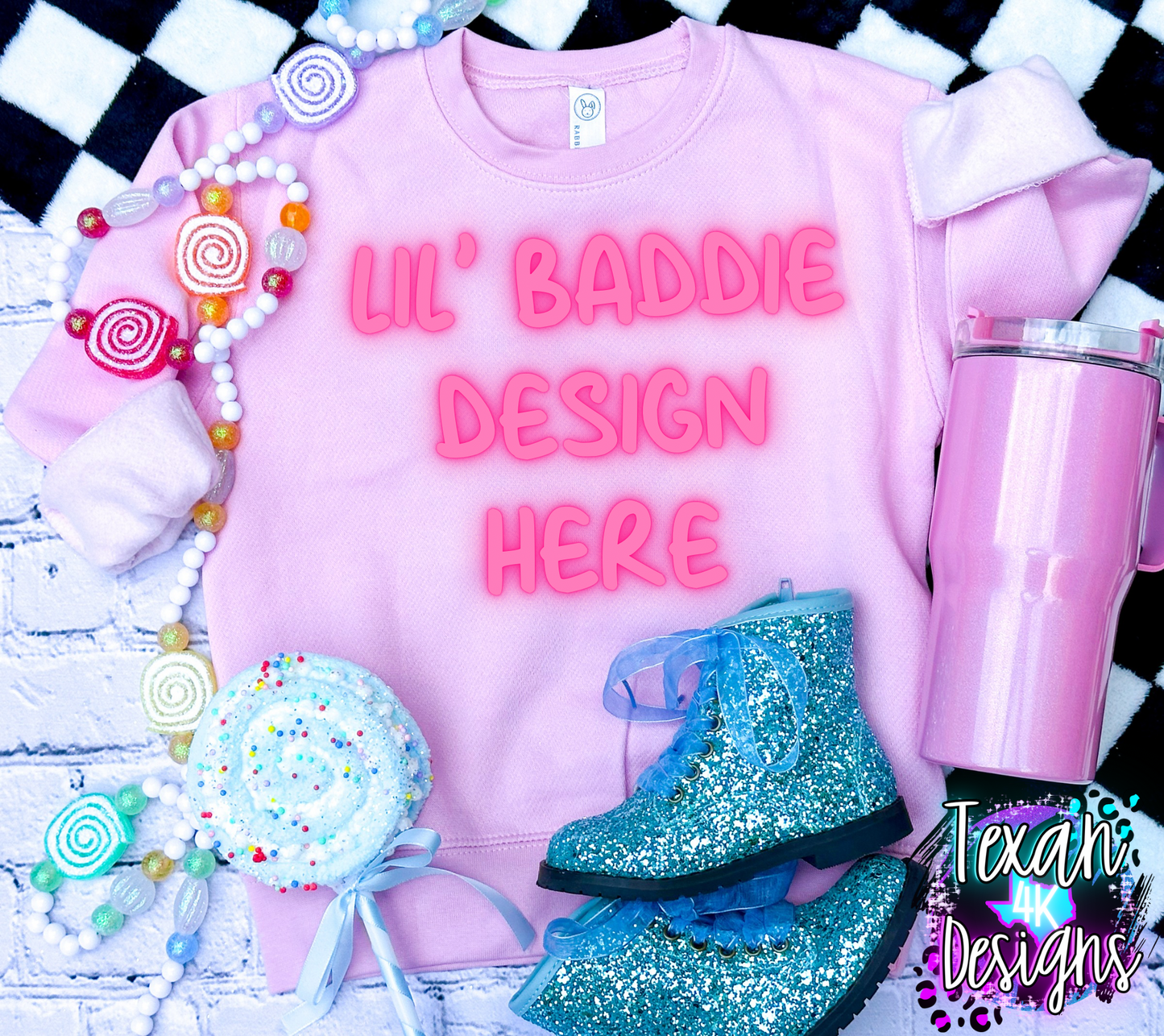 light pink crewneck , toddler girl, checkered, edgy, spooky, flatlay mock up - candy