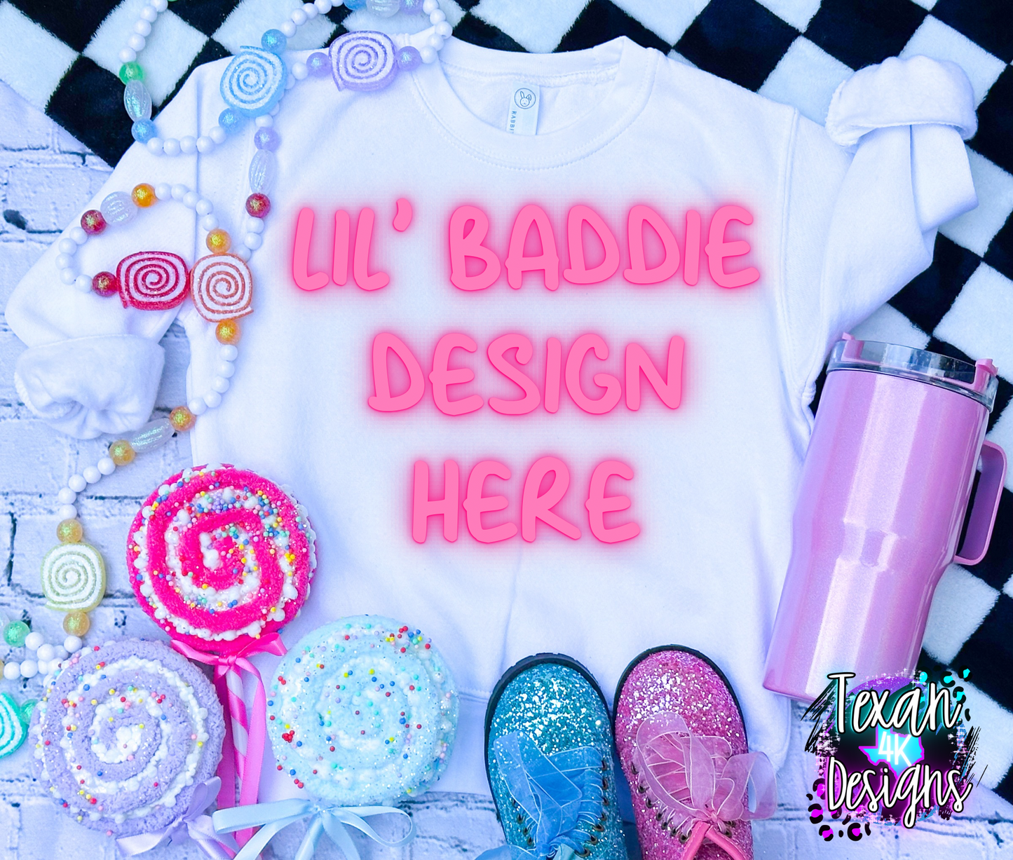 white crewneck sweatshirt, toddler girl, checkered, edgy, spooky, flatlay mock up - candy