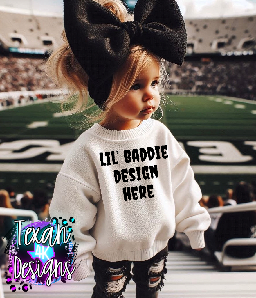 IRL white sweatshirt toddler girl, edgy, model mock up - football edition