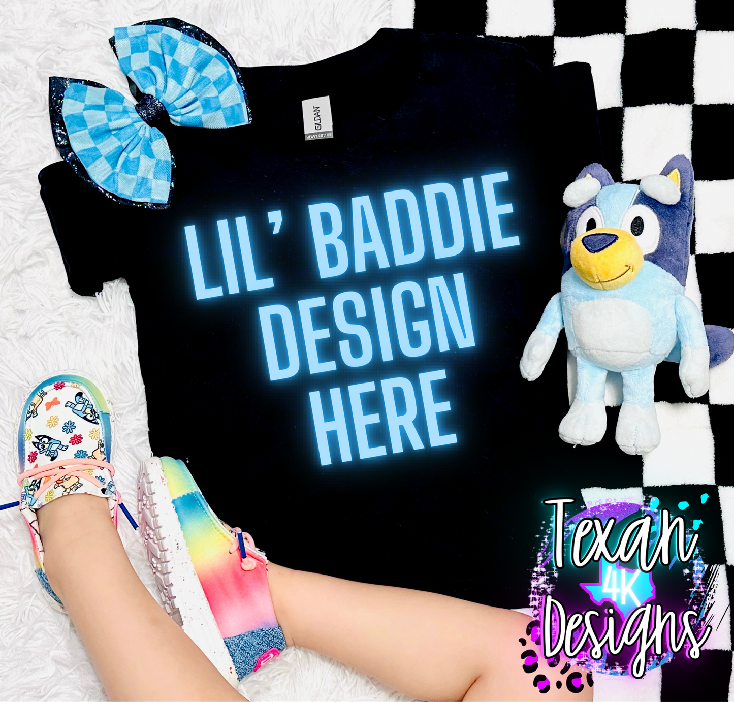 gildan black shirt, toddler girl, checkered, edgy, flatlay mock up