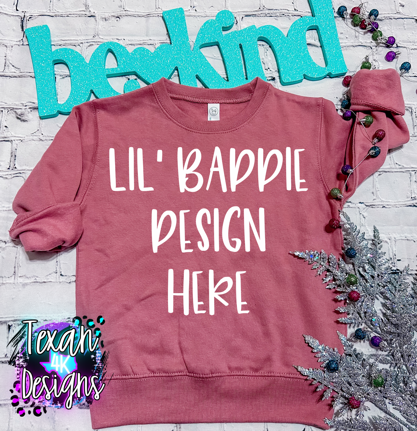 mauve crew neck , toddler girl, flat lay, trending, be kind edition