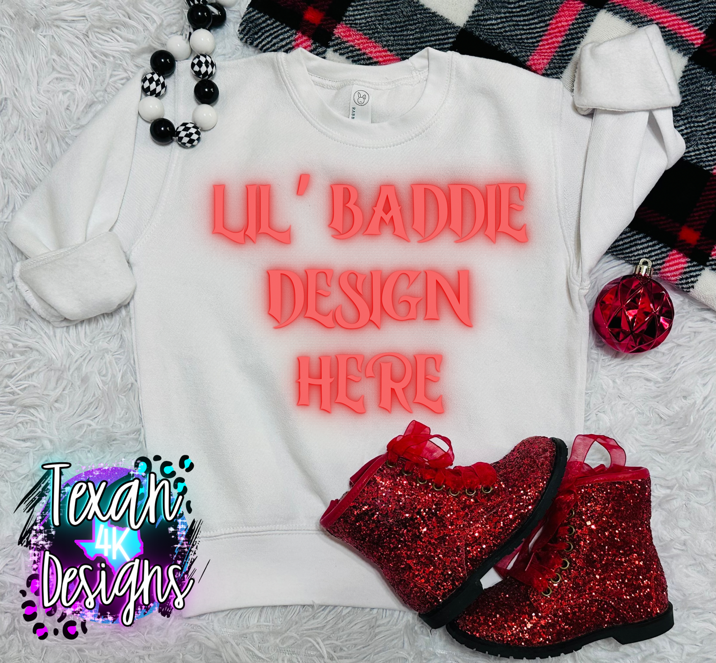 white cewneck shirt, toddler girl, checkered, edgy, spooky, flatlay mock up - classic christmas