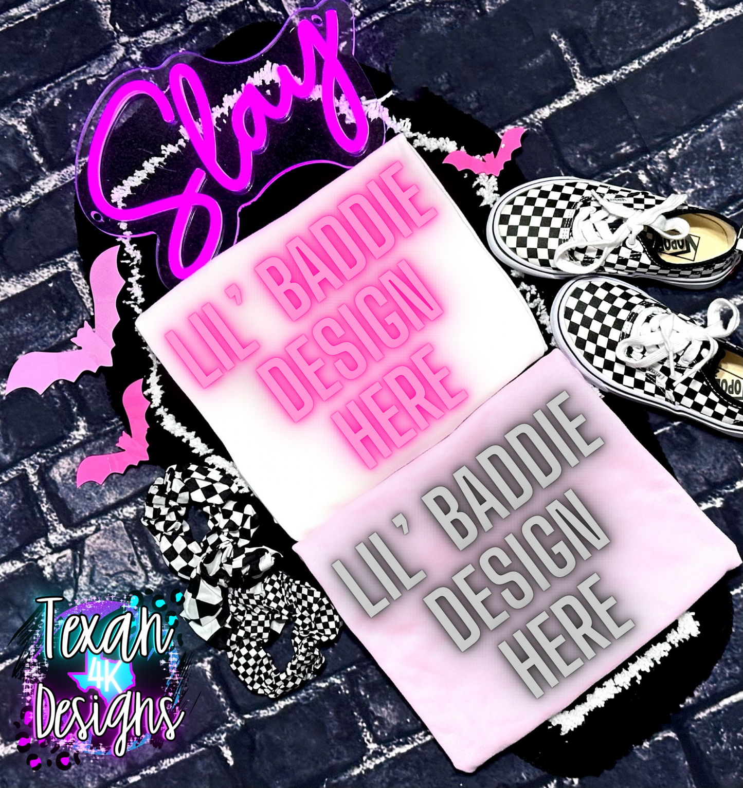 gildan white light pink shirt, toddler girl, checkered, edgy, spooky, flatlay mock up