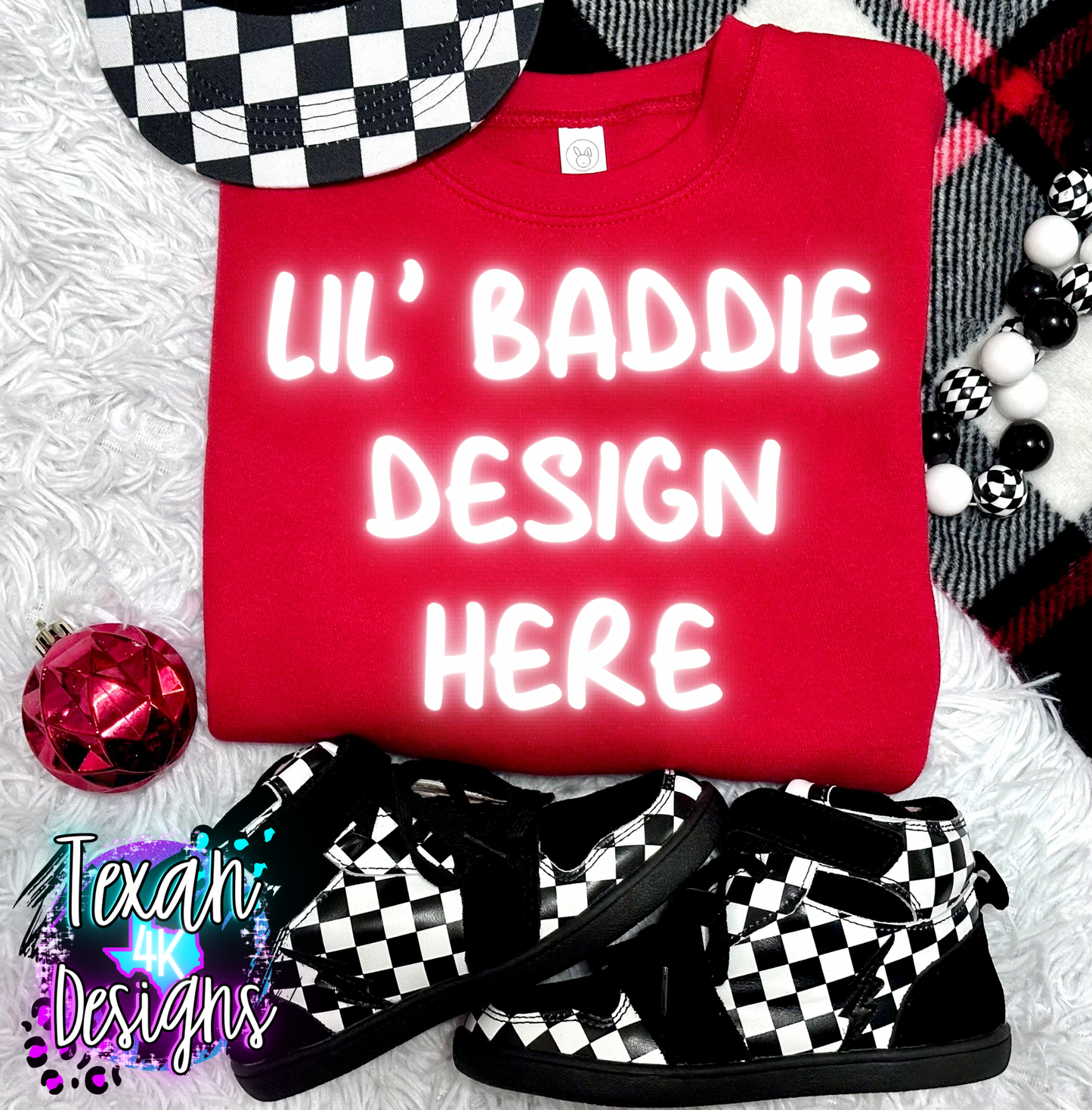 red cewneck shirt , toddler boy, checkered, edgy, spooky, flatlay mock up - classic christmas