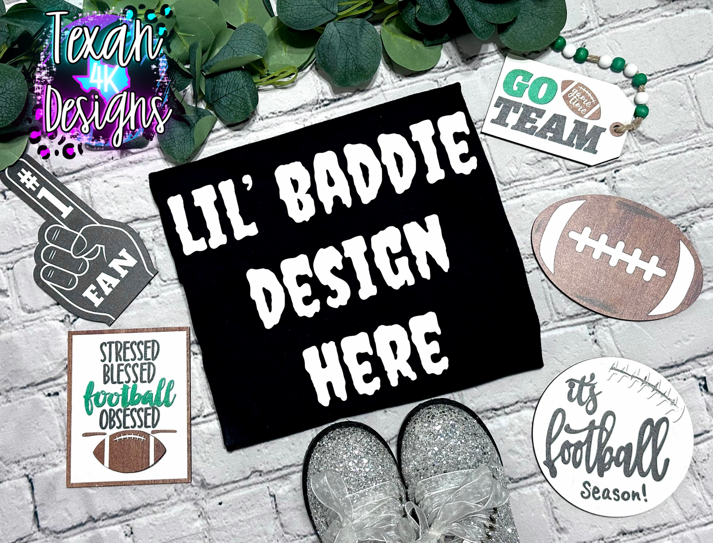 black shirt, toddler girl, edgy, flatlay mock up - football edition