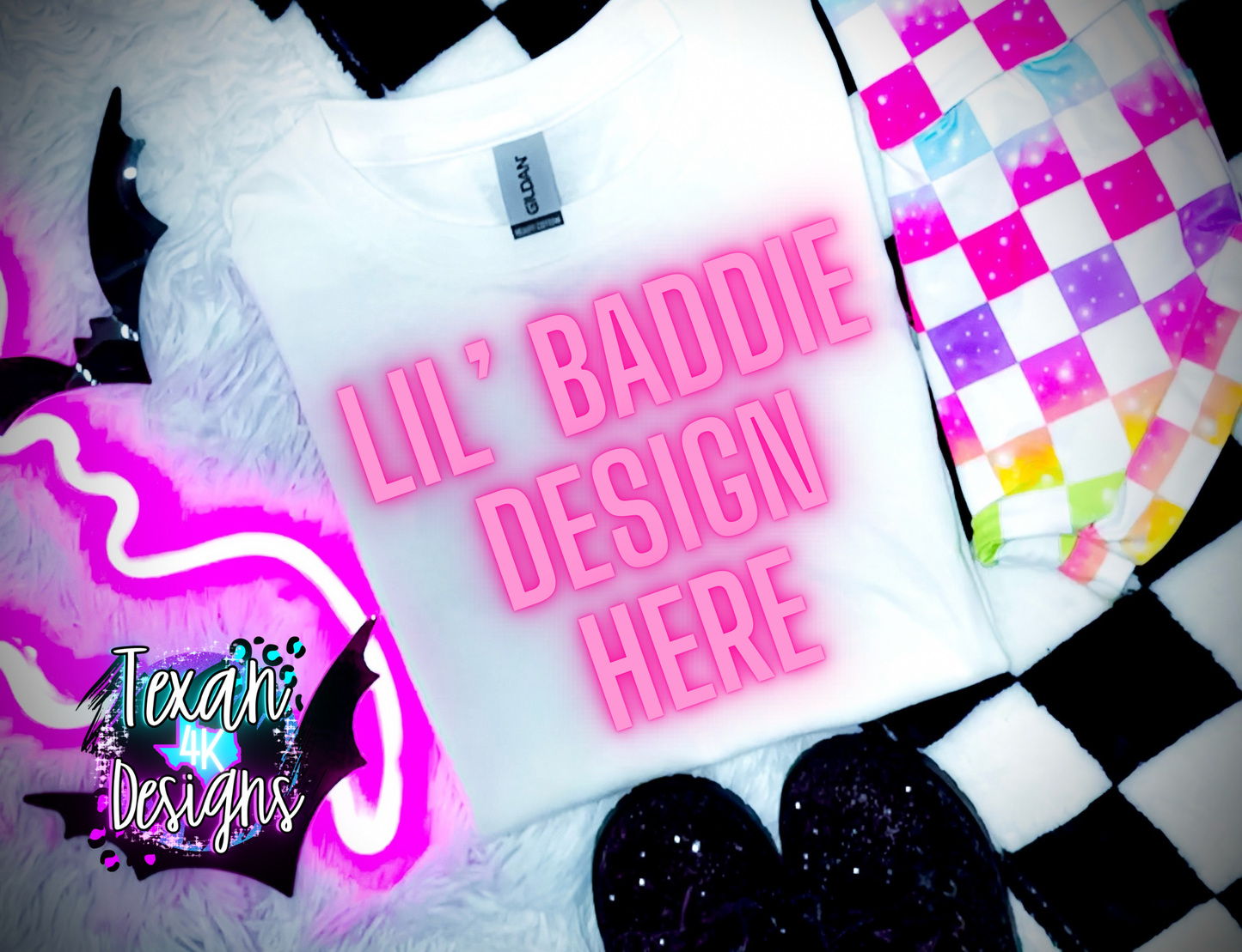 gildan white shirt, toddler girl, checkered, edgy, spooky, flatlay mock up