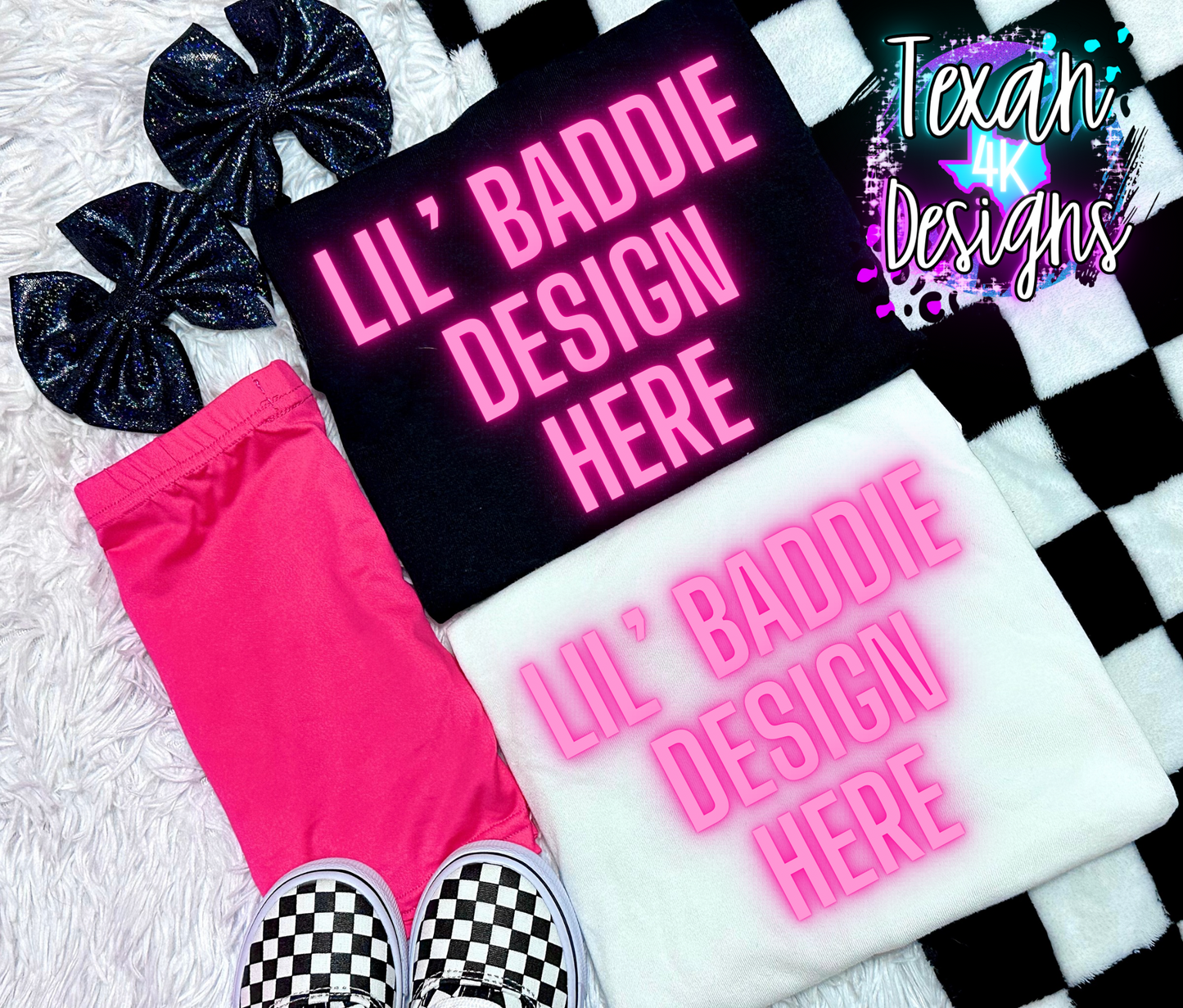 gildan white black shirt, toddler girl, checkered, edgy, spooky, flatlay mock up