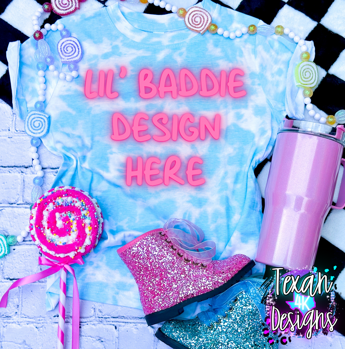 island tie dye shirt , toddler girl, checkered, edgy, spooky, flatlay mock up - candy