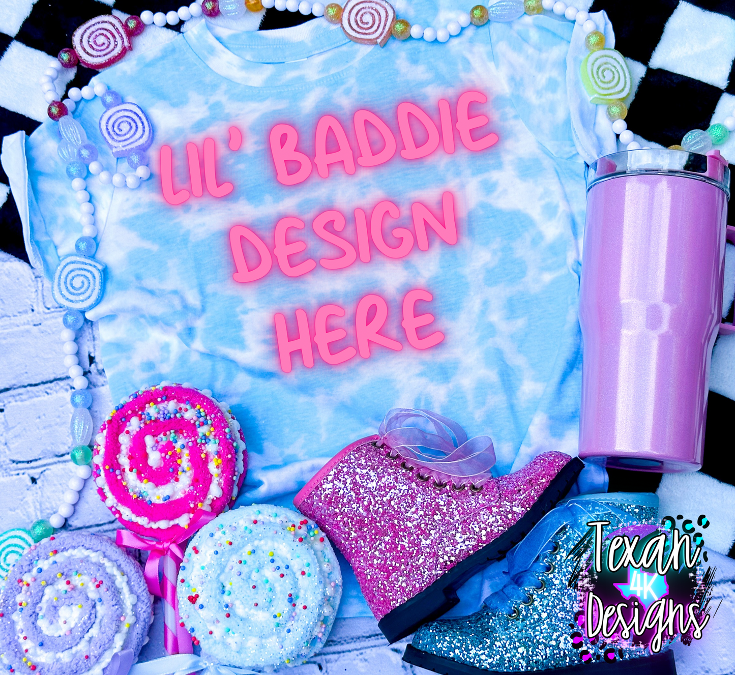 island tie dye shirt , toddler girl, checkered, edgy, spooky, flatlay mock up - candy