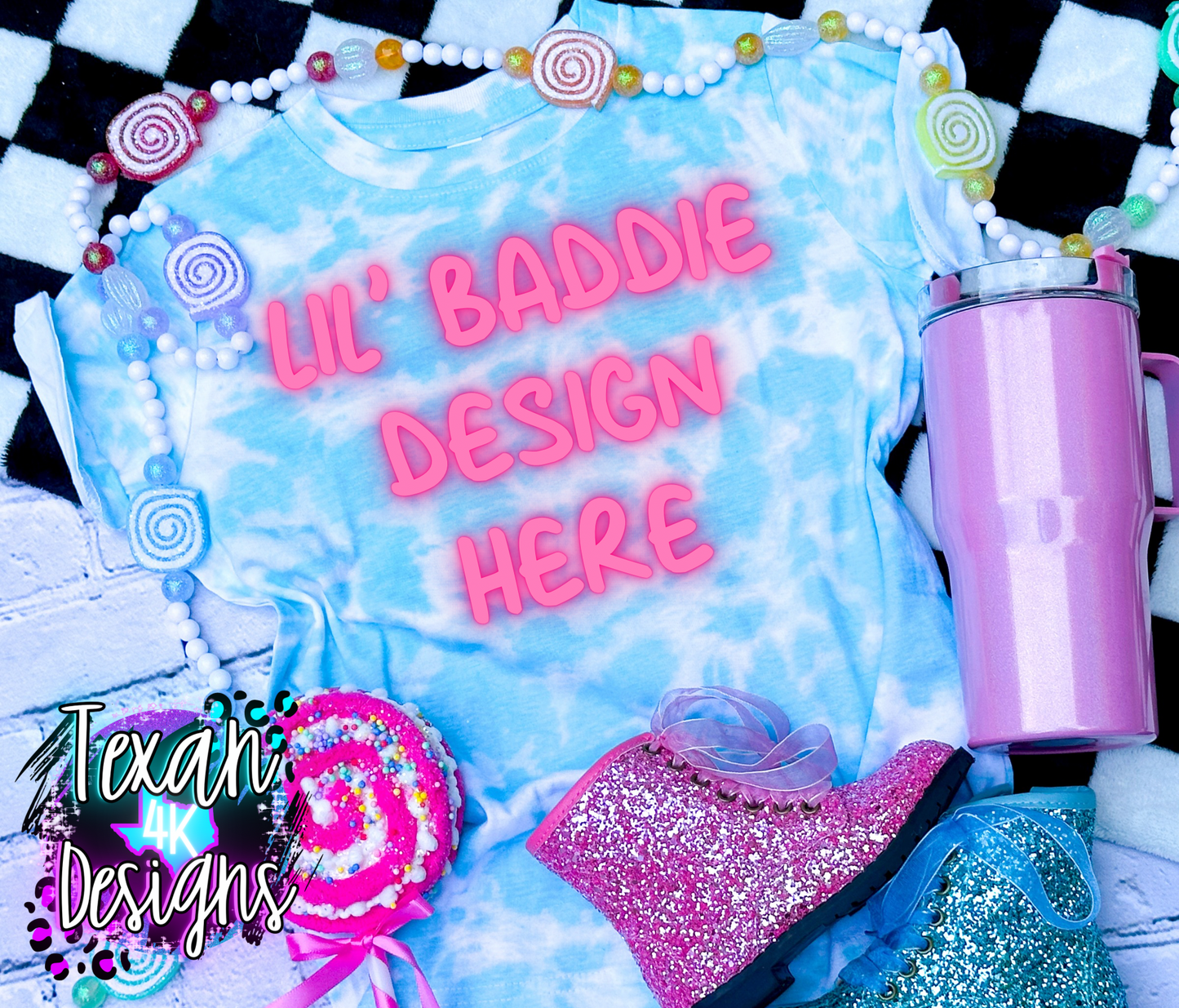 island tie dye shirt , toddler girl, checkered, edgy, spooky, flatlay mock up - candy