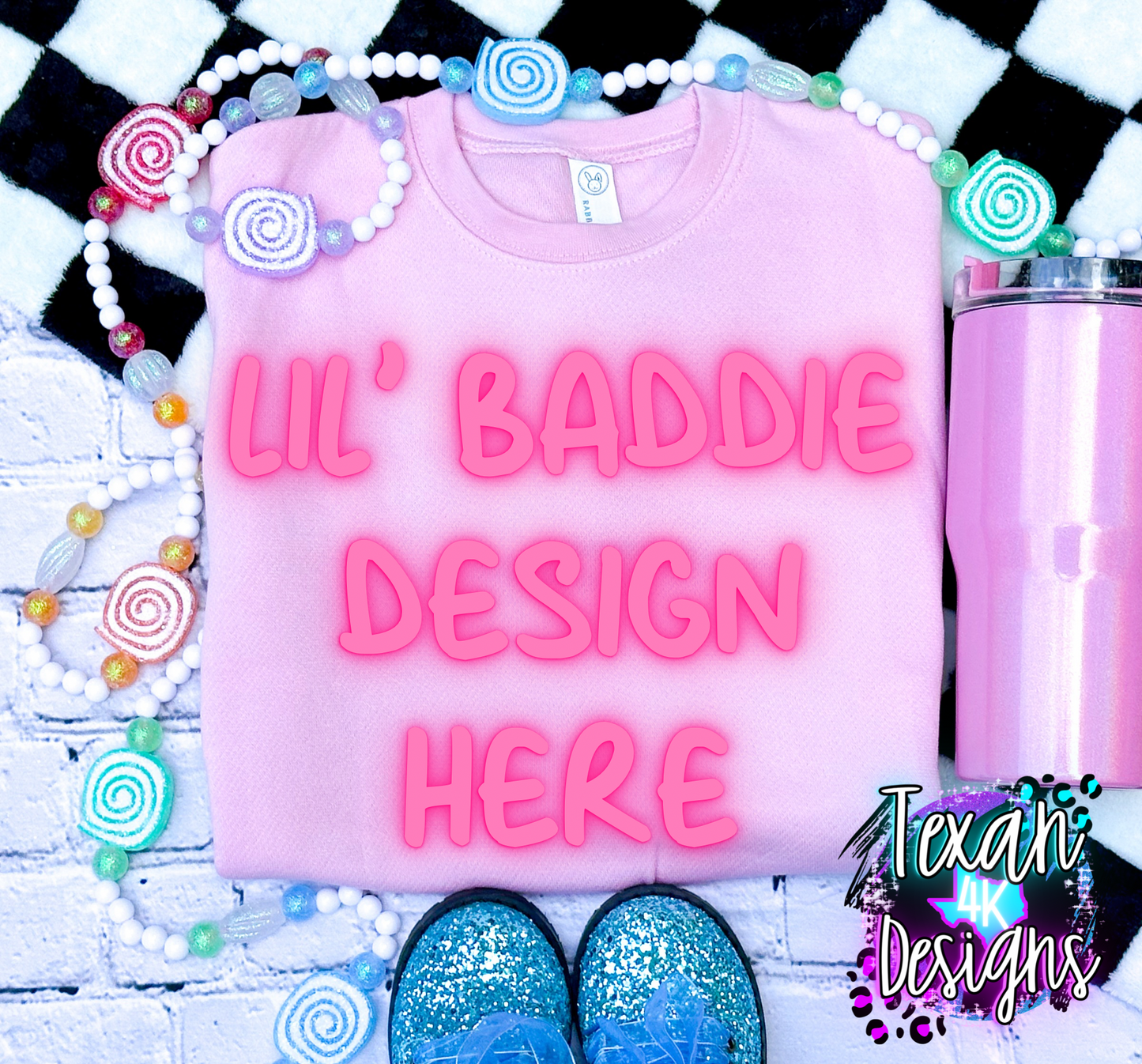 light pink crewneck , toddler girl, checkered, edgy, spooky, flatlay mock up - candy