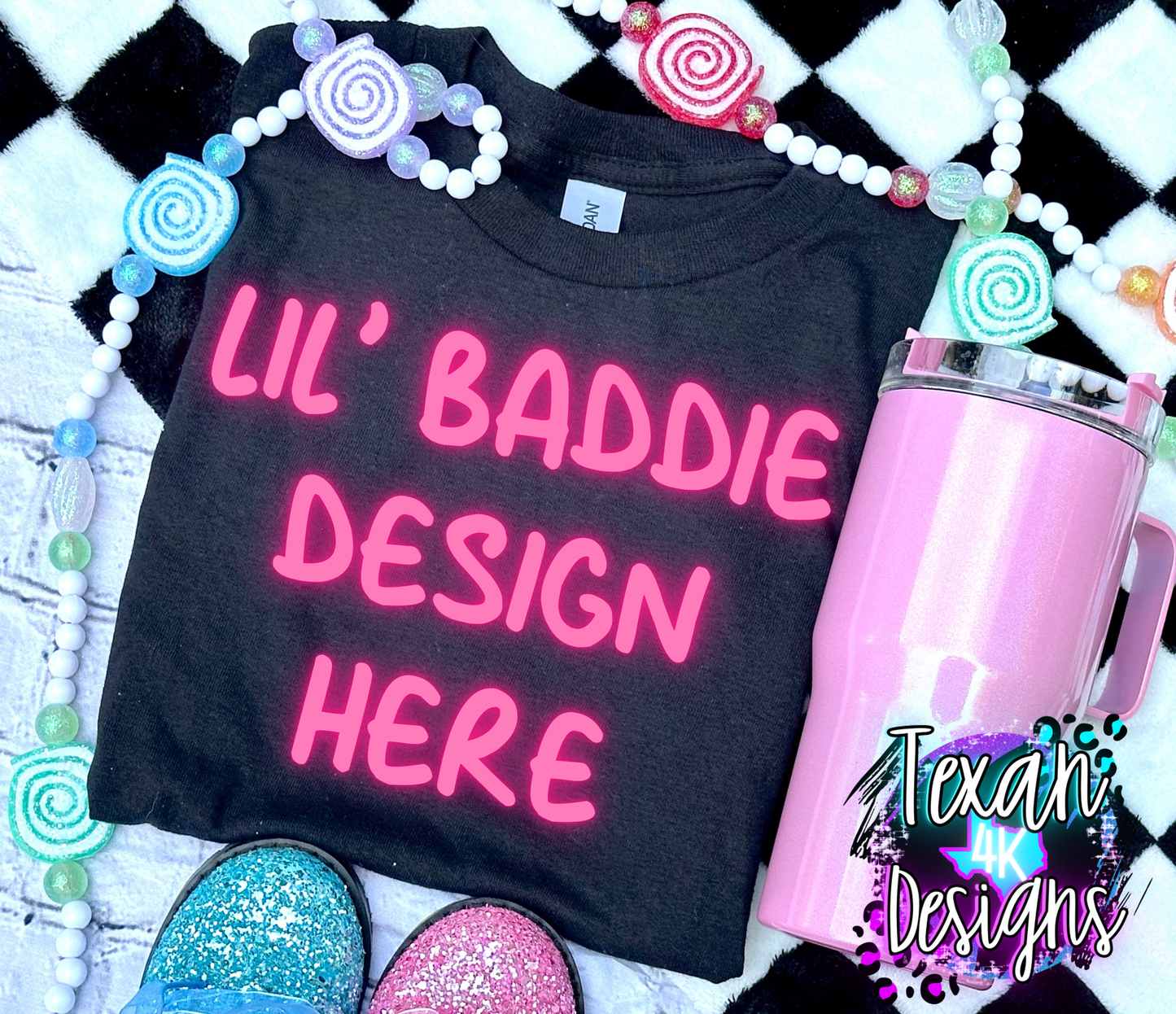 black shirt , toddler girl, checkered, edgy, spooky, flatlay mock up - candy