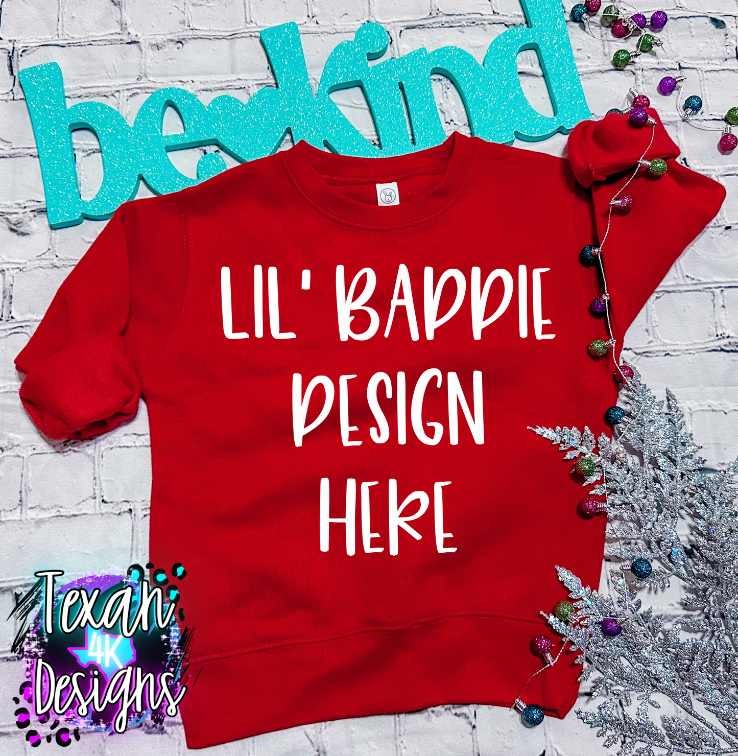 red crew neck , toddler girl, flat lay, trending, be kind edition