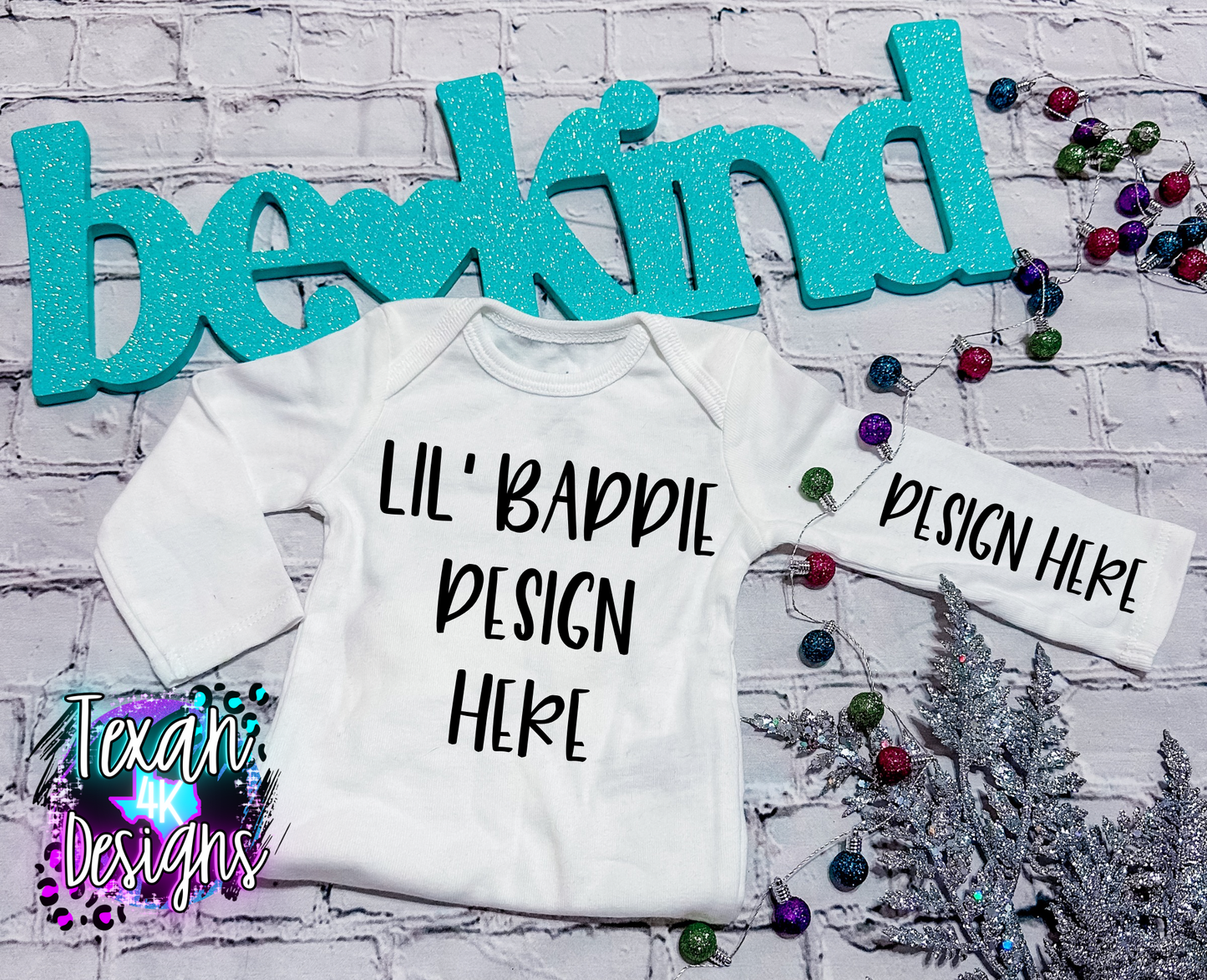 white w/ sleeve onsie , toddler girl, flat lay, trending, be kind edition