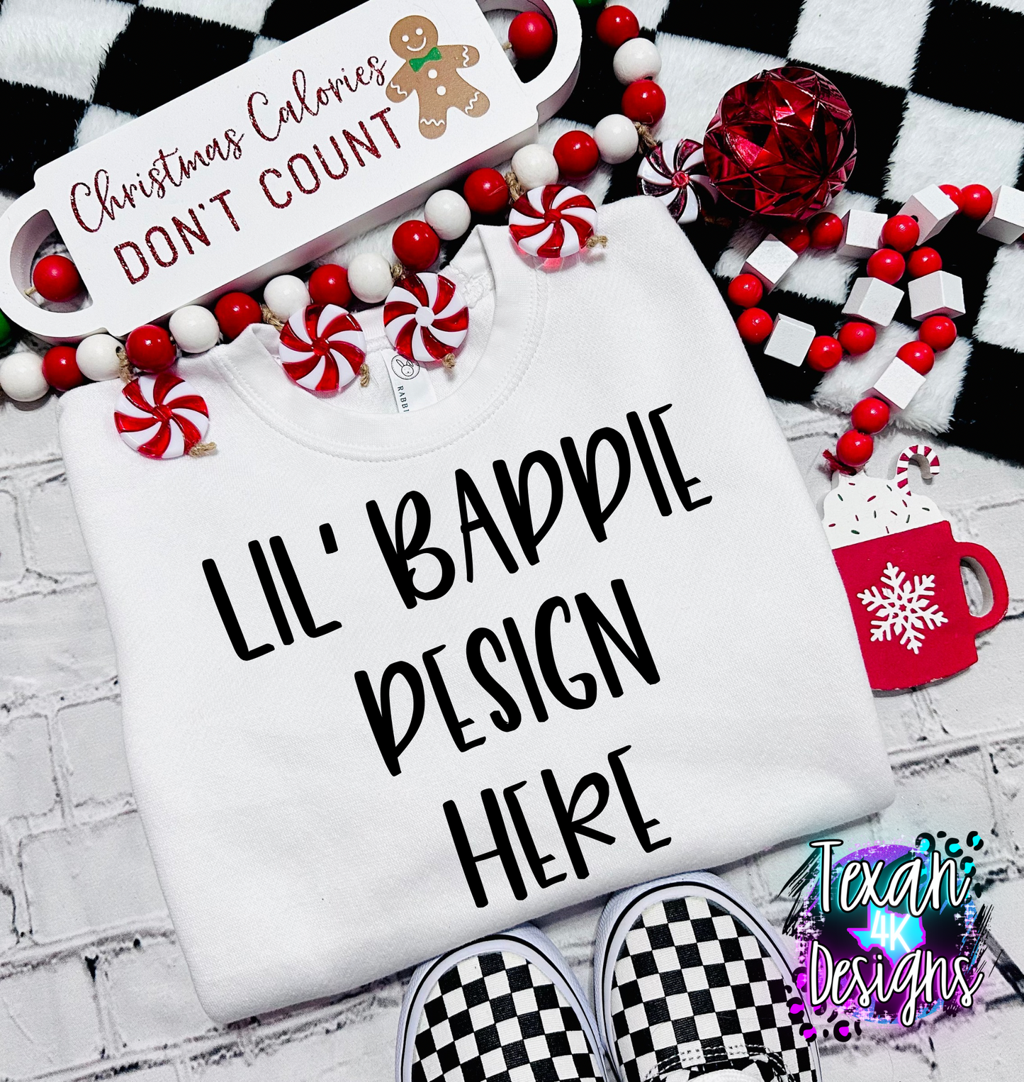 white shirt , toddler girl, checkered, edgy, spooky, flatlay mock up - christmas calories