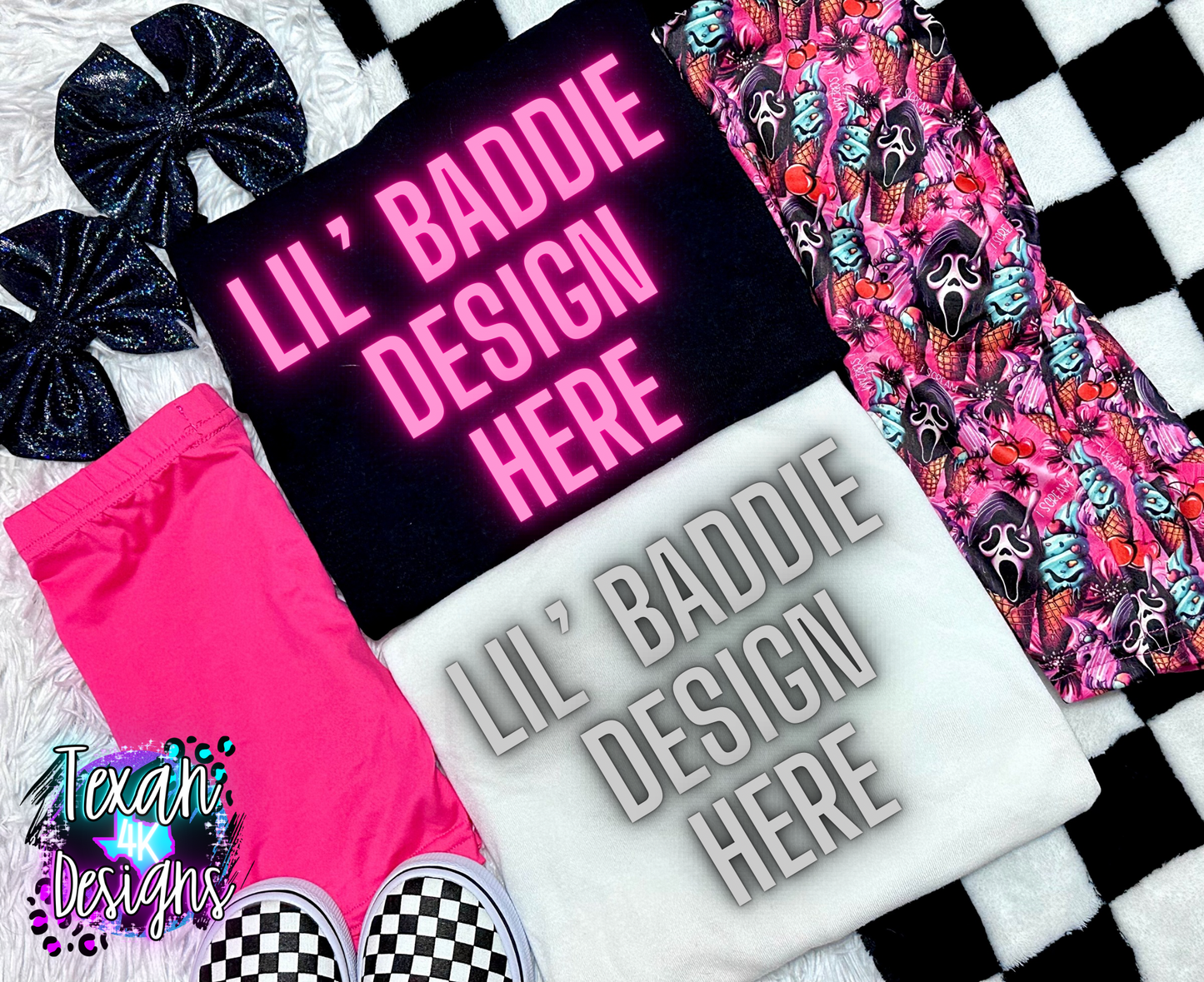 gildan white black shirt, toddler girl, checkered, edgy, spooky, flatlay mock up