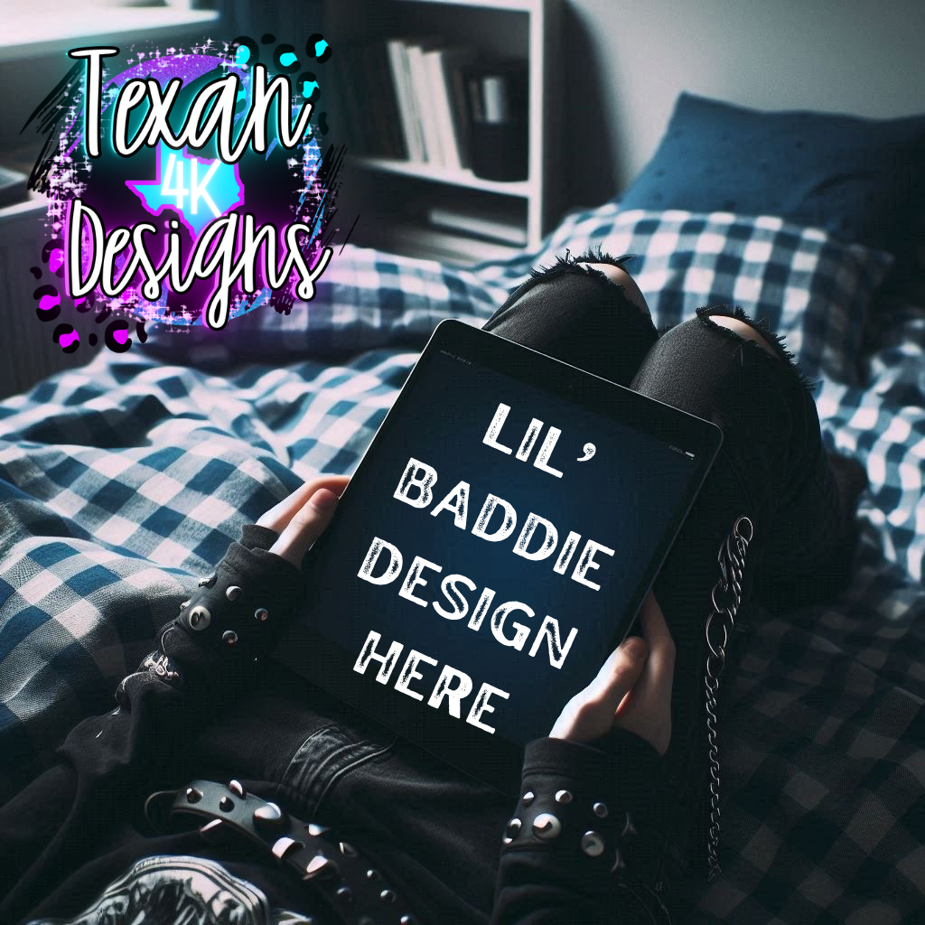kid ipad mock , toddler, dark blue checkered, edgy, spooky, flatlay mock up