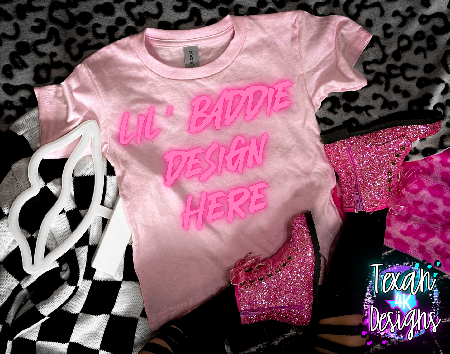 light pink shirt , toddler girl, checkered, edgy, spooky, flatlay mock up - valentines lips