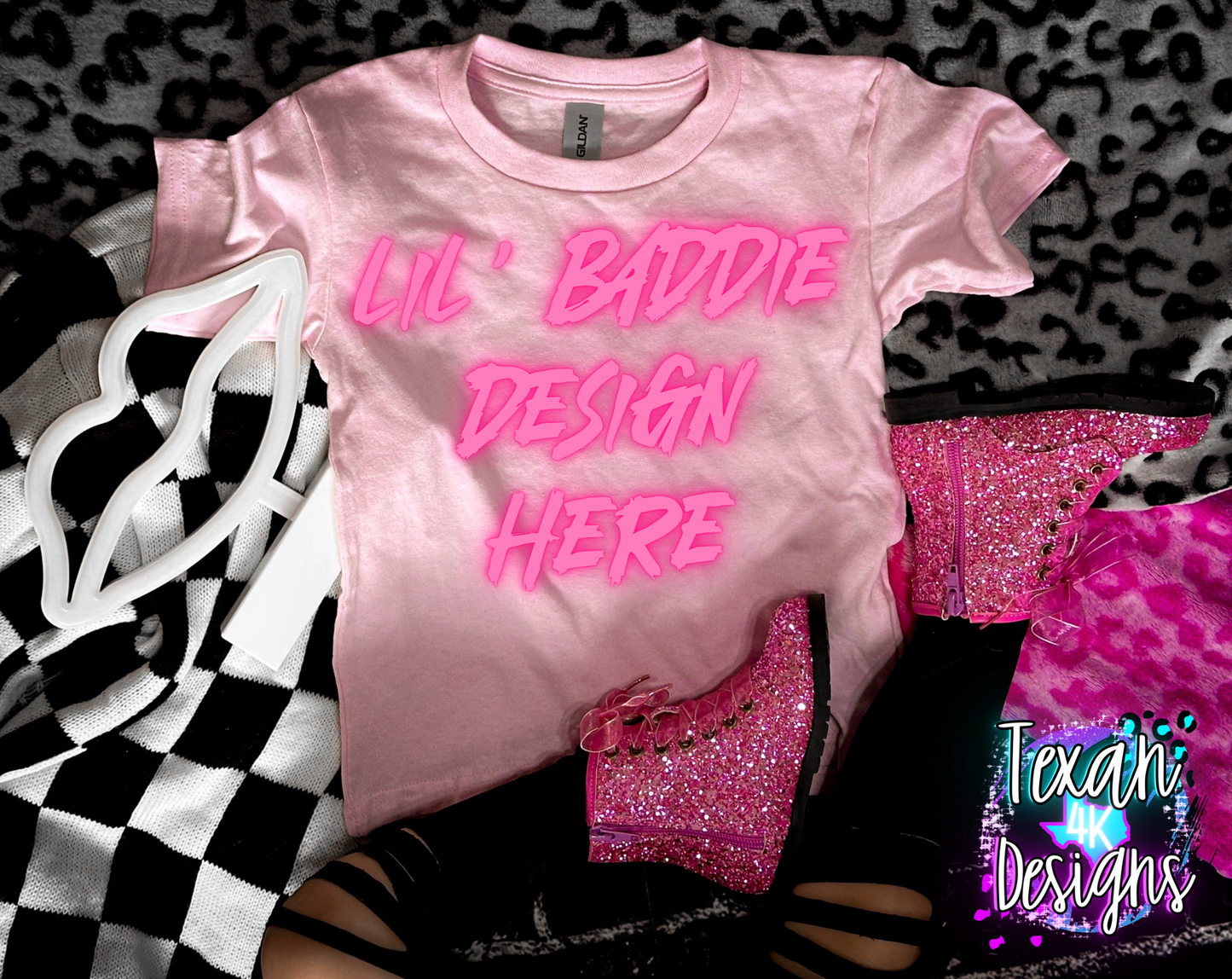 light pink shirt , toddler girl, checkered, edgy, spooky, flatlay mock up - valentines lips