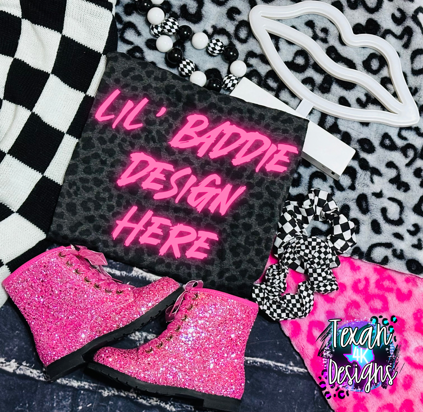black leopard shirt , toddler girl, checkered, edgy, spooky, flatlay mock up - valentines lips