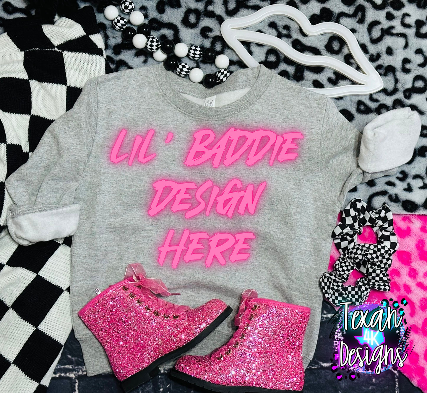 ash gret crew shirt , toddler girl, checkered, edgy, spooky, flatlay mock up - valentines lips