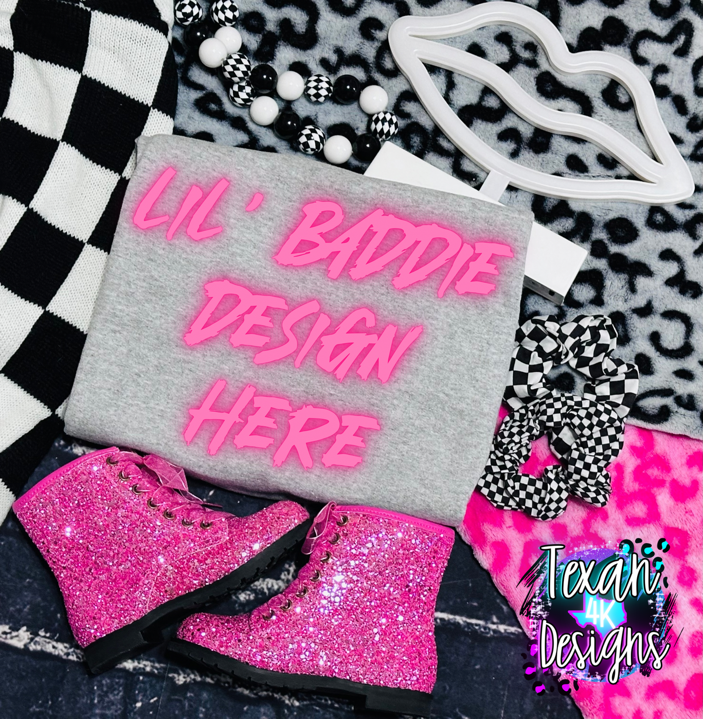 ash grey crew shirt , toddler girl, checkered, edgy, spooky, flatlay mock up - valentines lips