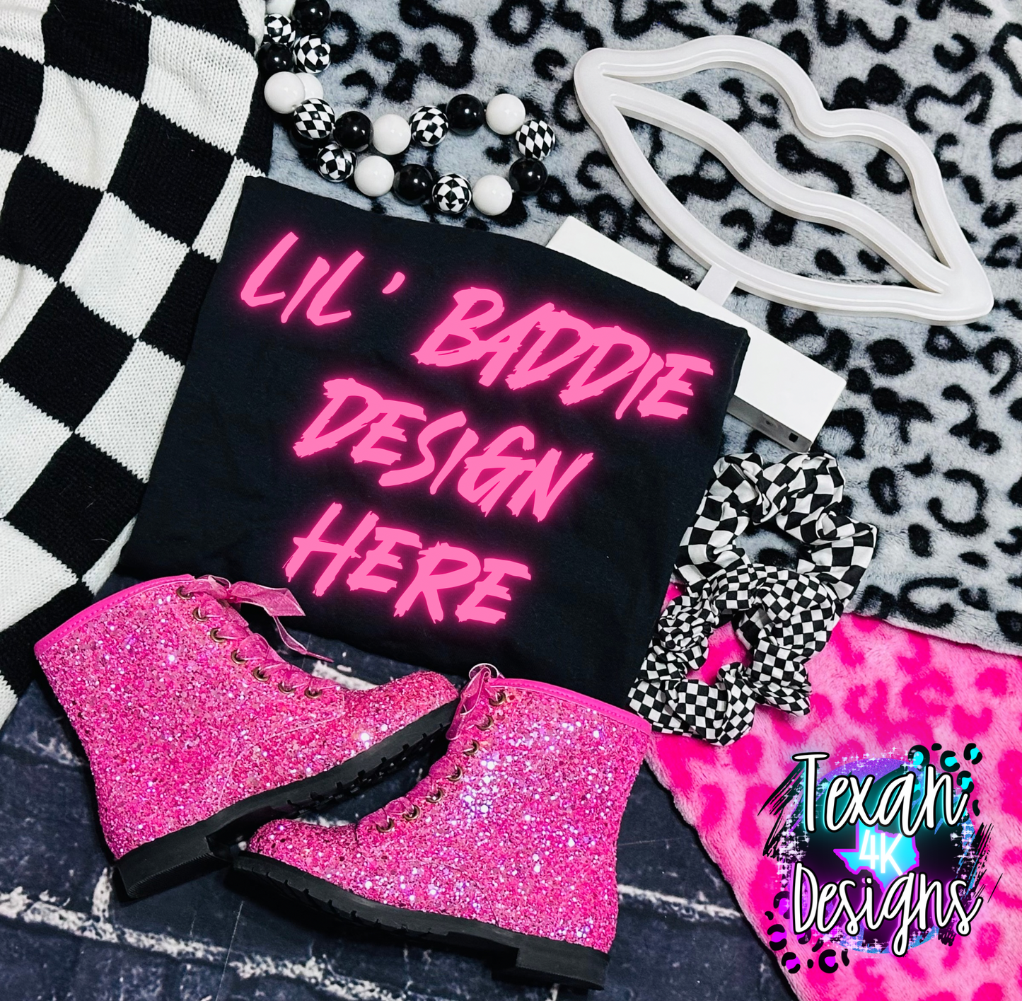 black shirt , toddler girl, checkered, edgy, spooky, flatlay mock up - valentines lips
