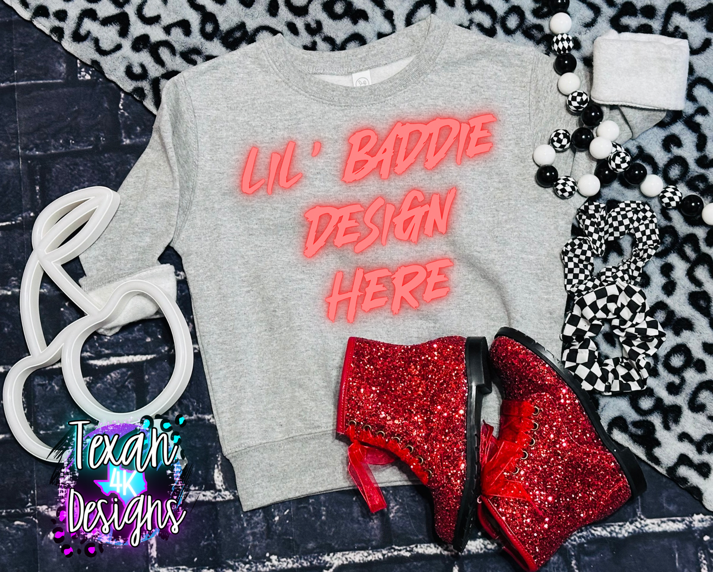 ash grey crew , toddler girl, checkered, edgy, spooky, flatlay mock up - cherry