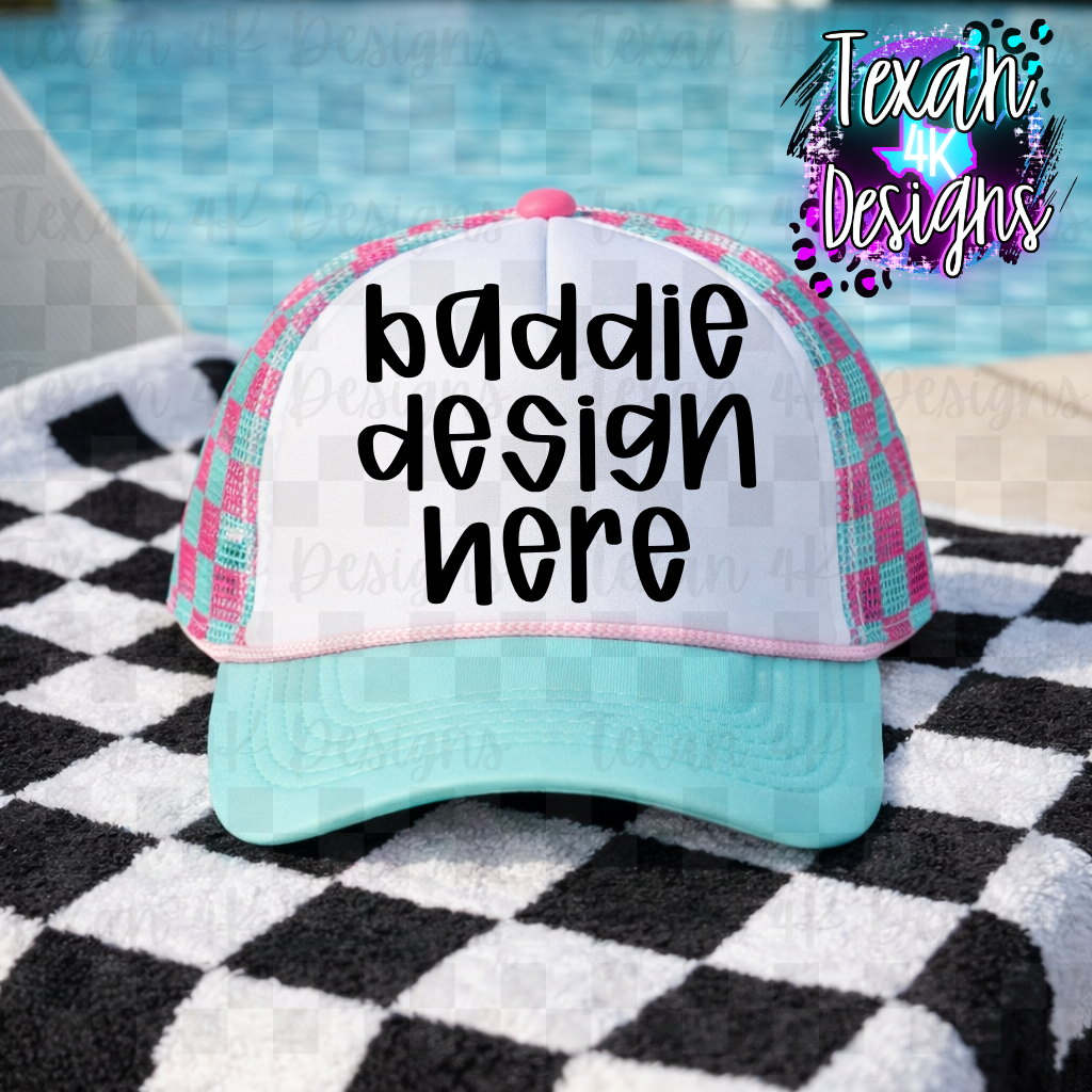 blue pink checkered hat mock up