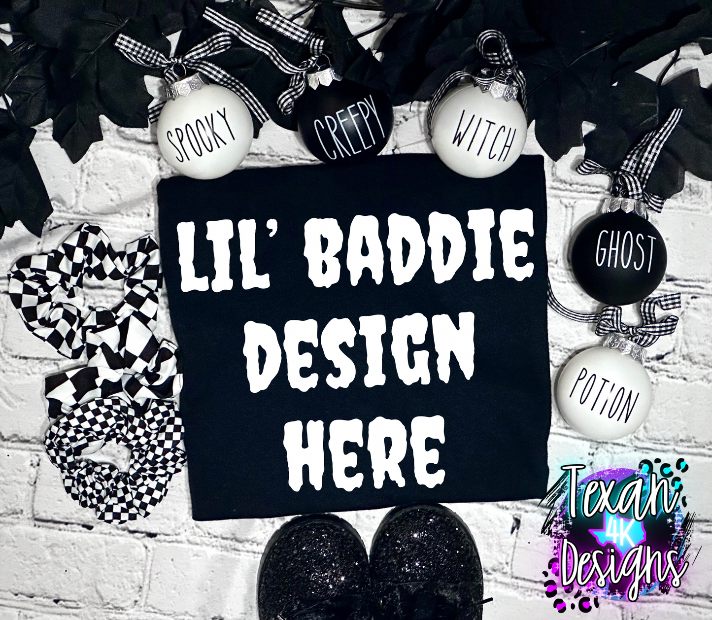 gildan black shirt, toddler girl, checkered, edgy, spooky, flatlay mock up - creepmas