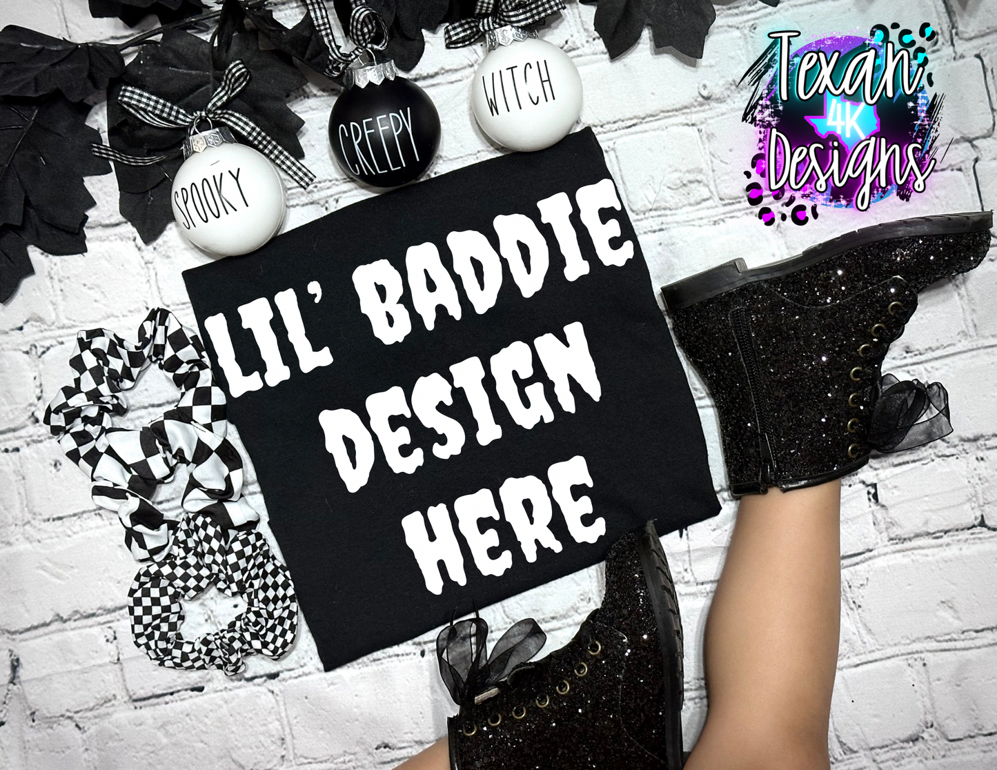 gildan black shirt, toddler girl, checkered, edgy, spooky, flatlay mock up - creepmas