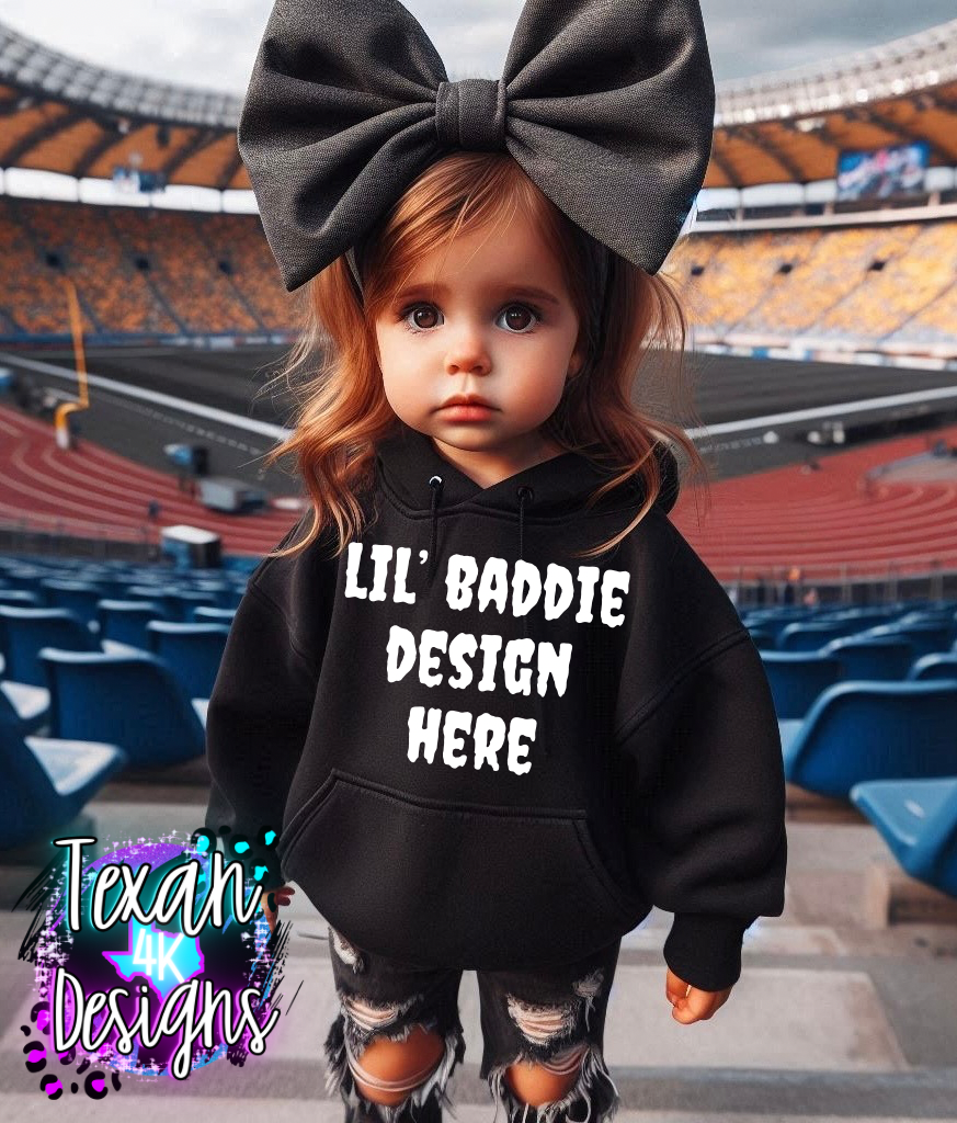 IRL black hoodie toddler girl, edgy, model mock up - football edition