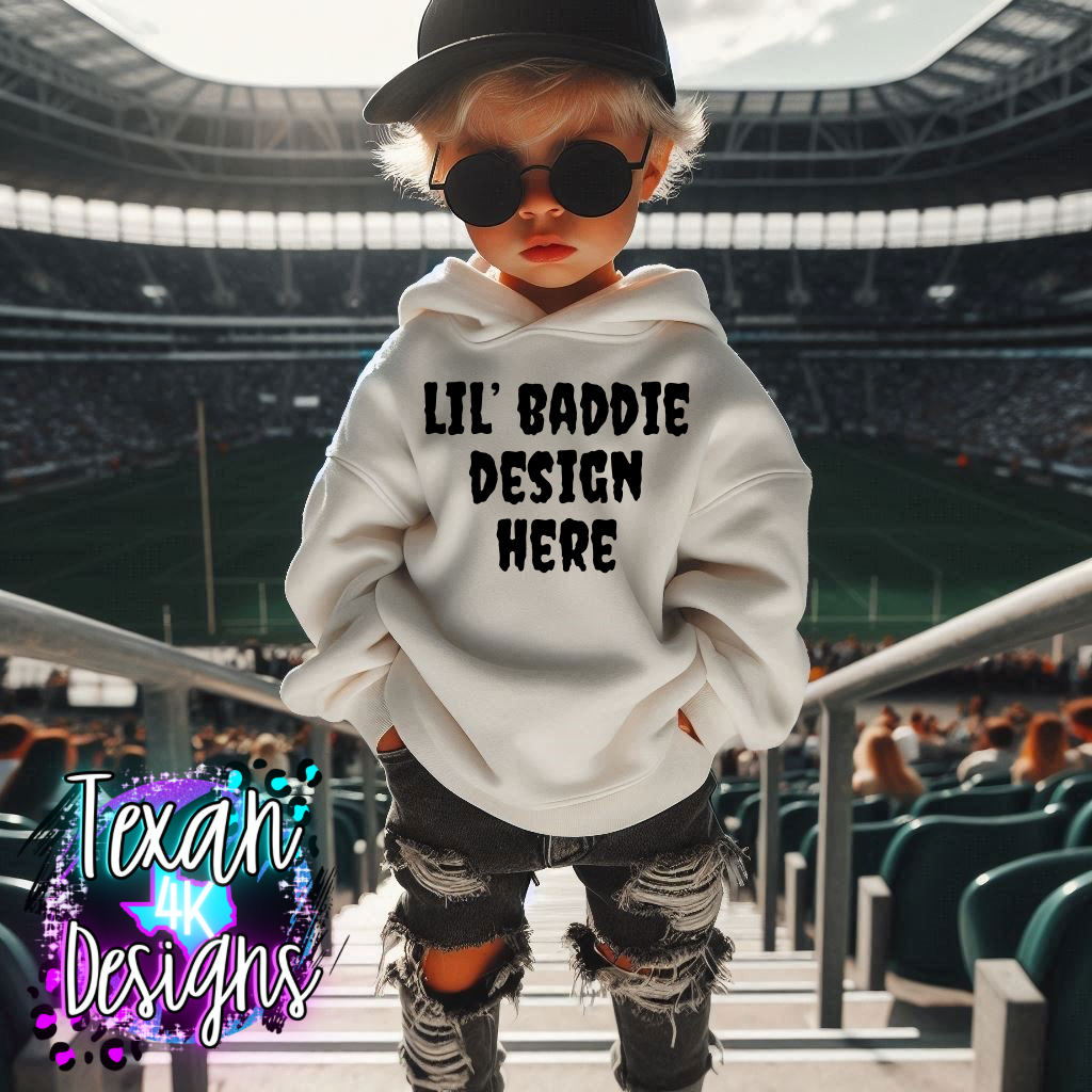 IRL white hoodie toddler boy, edgy, model mock up - football edition