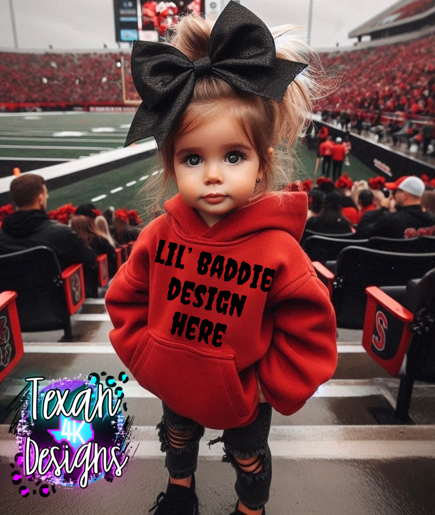 IRL red hoodie toddler girl, edgy, model mock up - football edition