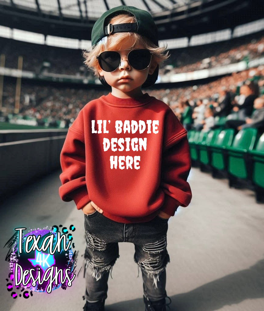 IRL red sweatshirt toddler boy, edgy, model mock up - football edition