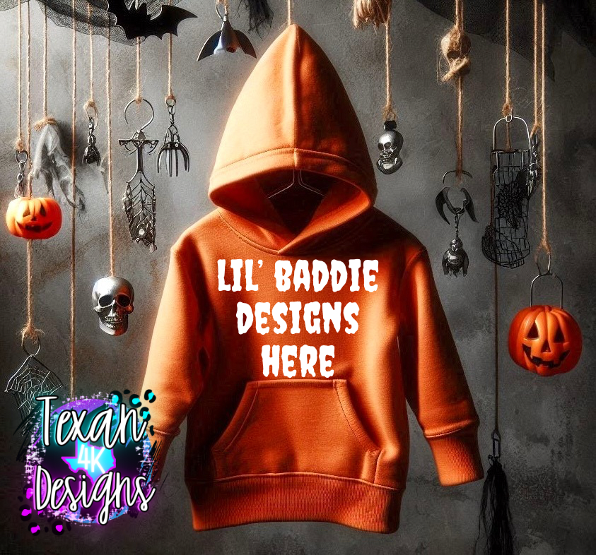 orange hoodie toddler boy, edgy, spooky, creepy flatlay mock up