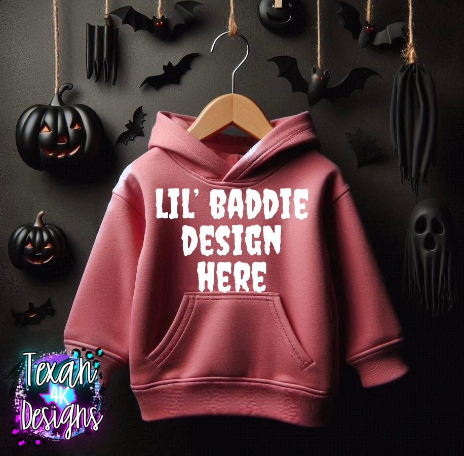 dusty pink hoodie toddler girl, edgy, spooky, creepy flatlay mock up