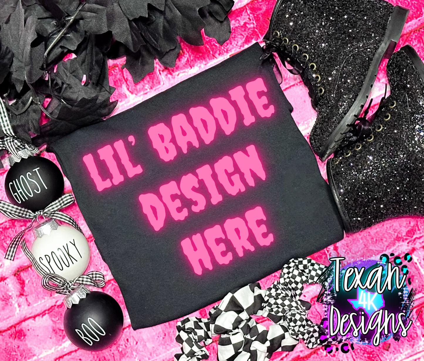 black shirt, toddler girl, checkered, edgy, spooky, flatlay mock up - pink creepmas