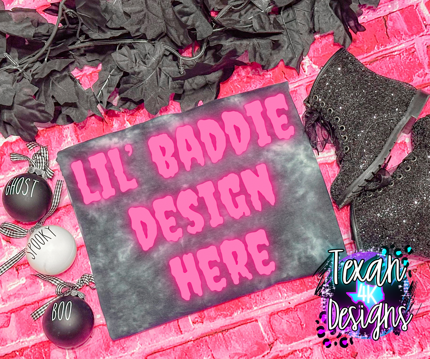 black iced dye shirt, toddler girl, checkered, edgy, spooky, flatlay mock up - pink creepmas