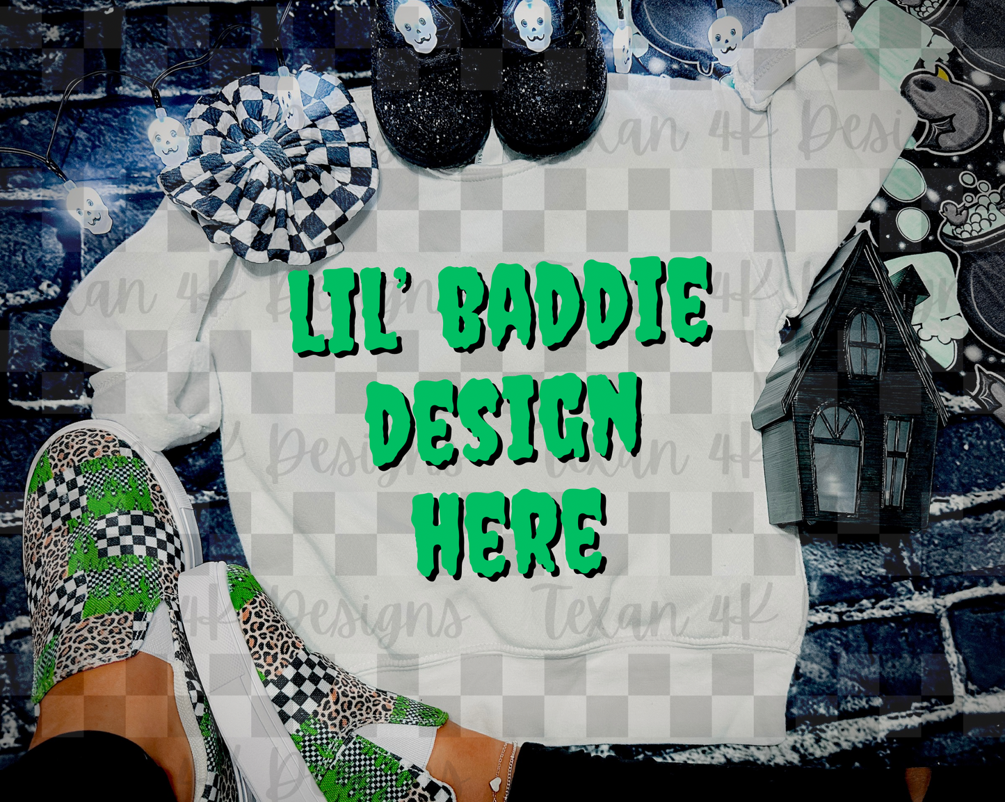 white crewneck sweatshirt, toddler girl, checkered, edgy, spooky, flatlay mock up
