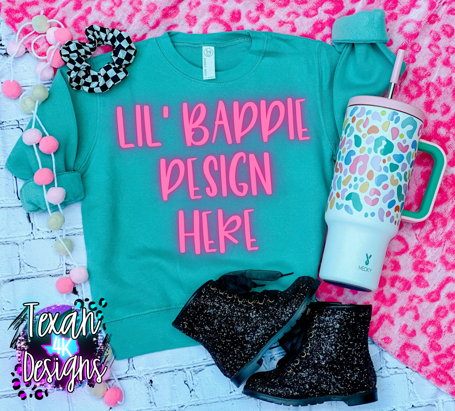 saltwater crewneck sweatshirt, toddler girl, checkered, leopard, edgy, preppy, flatlay mock up