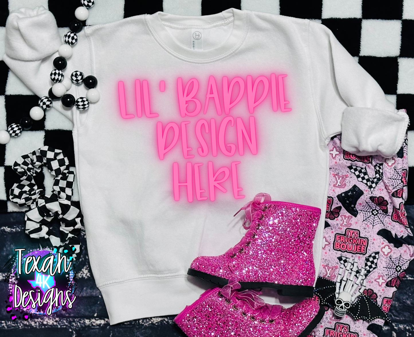 white creneck shirt, toddler girl, checkered, edgy, spooky, boujee, flatlay mock up
