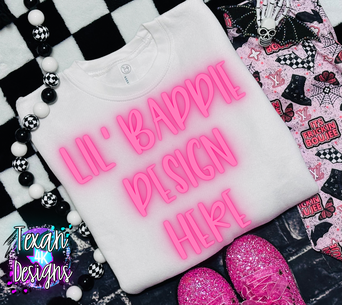 white creneck shirt, toddler girl, checkered, edgy, spooky, boujee, flatlay mock up
